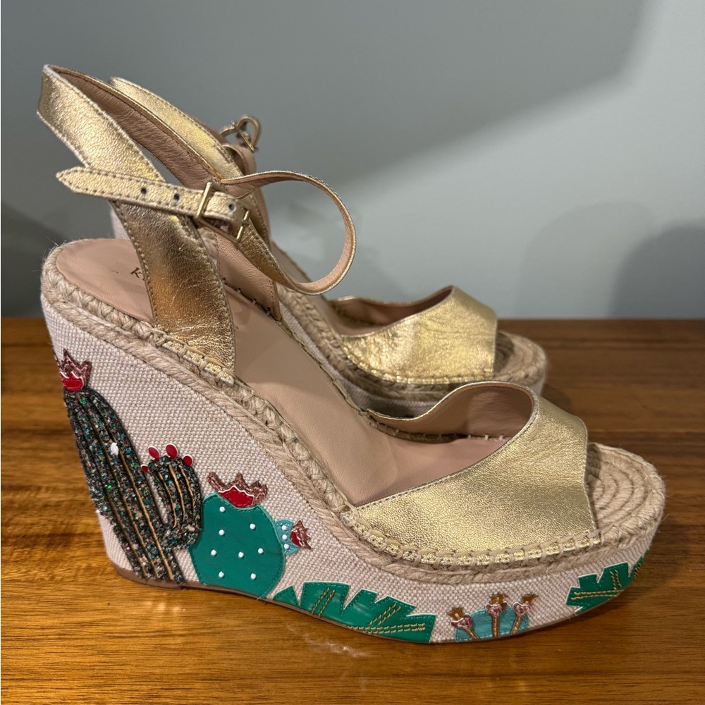 Kate Spade Dallas Gold Cactus Embellished Wedges